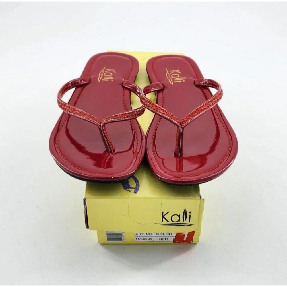 Kali Footwear Girls Slip‎ On Flip Flop Sandals Glitter Straps Red Size 1